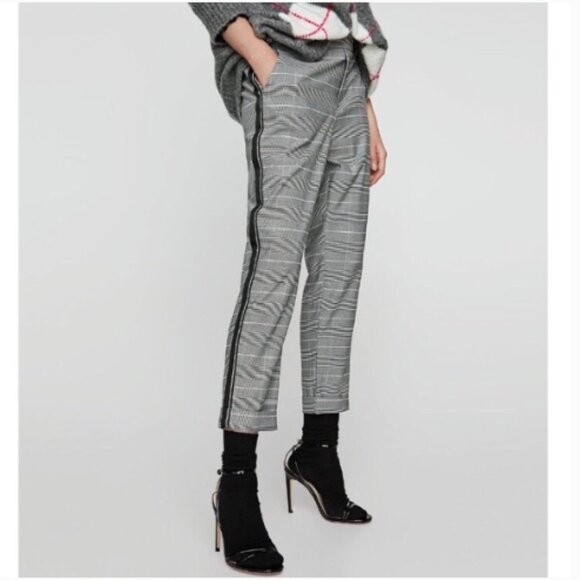 Zara Gray Glen Plaid Check Trouser Pants Side Stripe Ankle Cropped Size Small - Picture 3 of 15